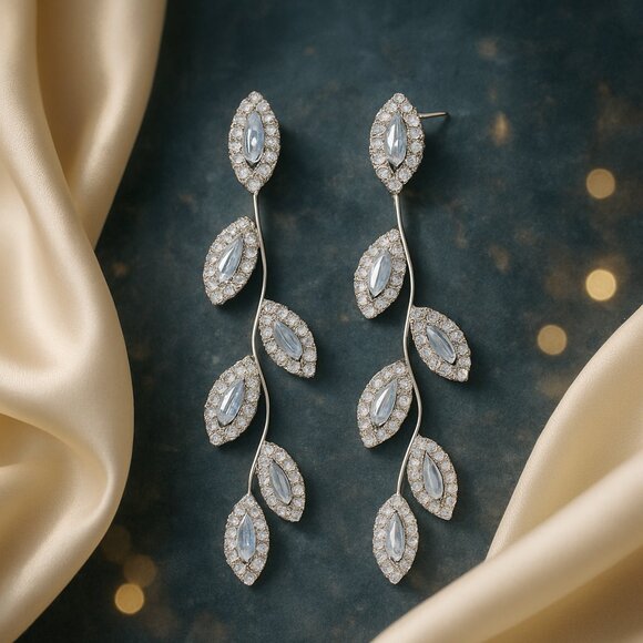 Leaf Drop Earrings Silver Plated S925 CZ Minimalist Statement Sparkling Dangles - Picture 8 of 11